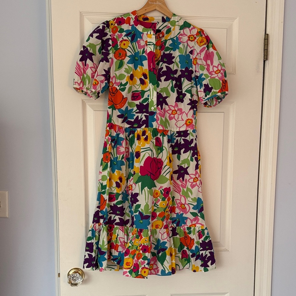 J. Crew women’s Floral Puff-Sleeve Dress in White with Multicolor Flowers NWOT